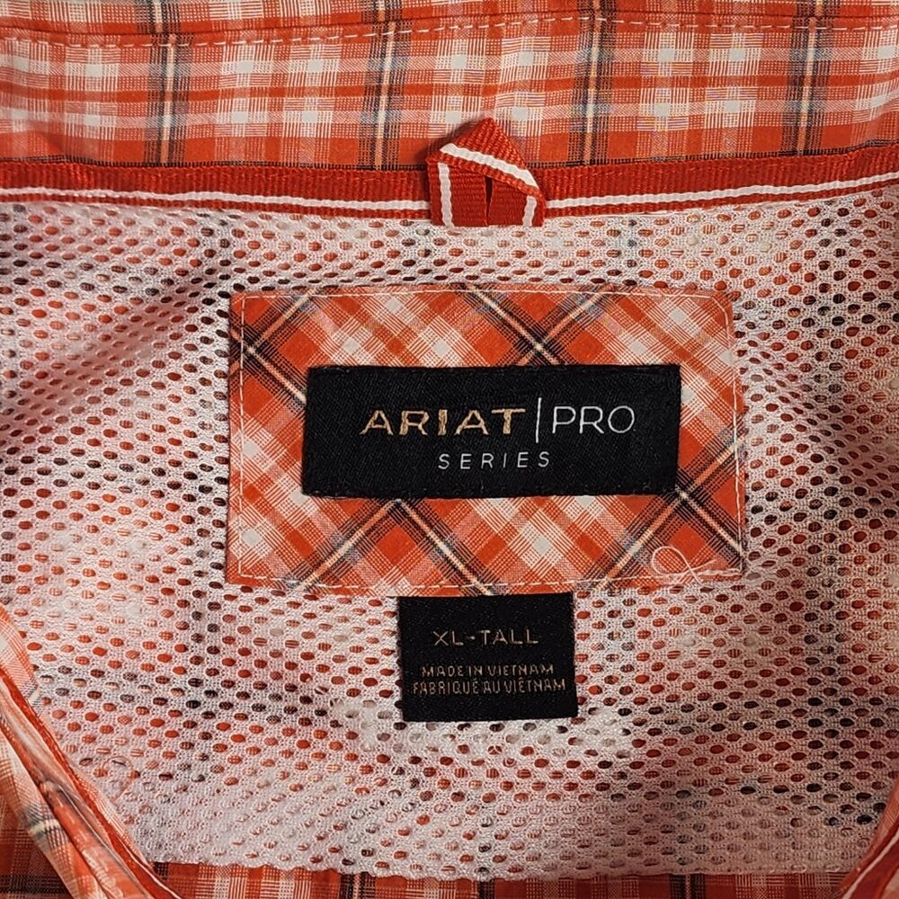 Ariat Pro Series Men's XLT Tall Orange and White Plaid L/S Western Country - Picture 7 of 11